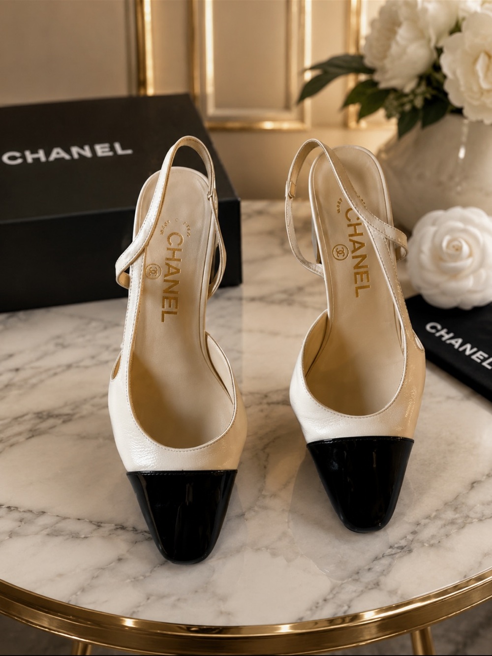 CHANEL Cream & Black Cap Toe Slingback Pumps 36.5 Made in Italy
